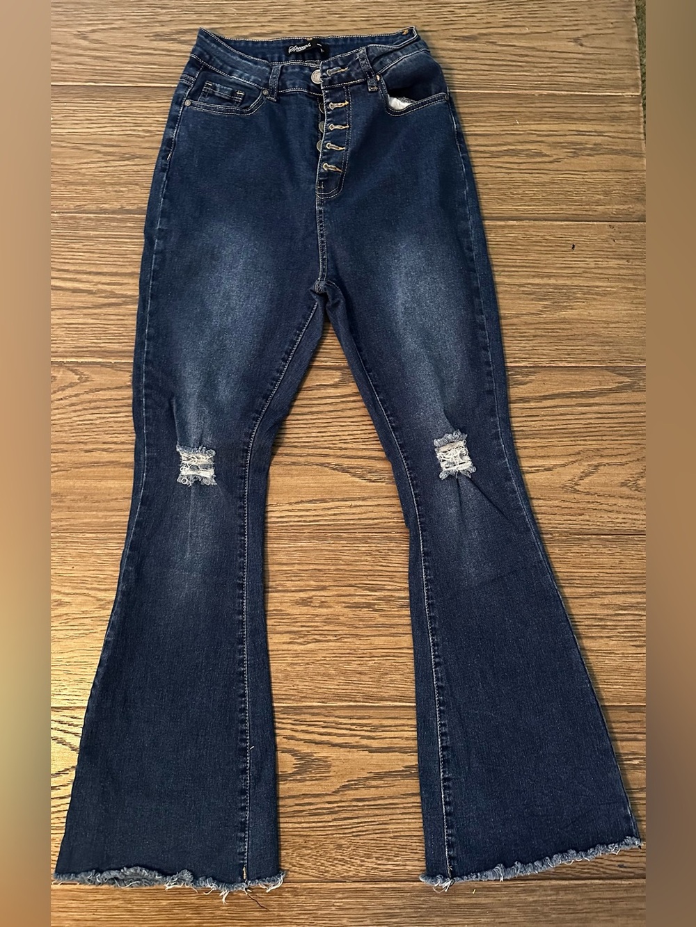 Women’s Dark Blue High-Rise Flare Jeans with Knee Distress